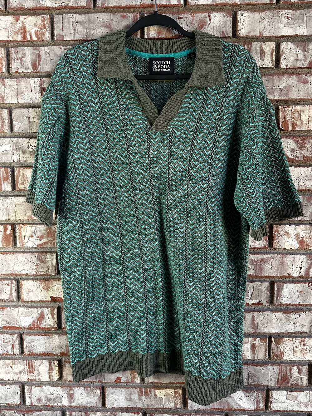 Scotch & Soda Crochet Open Knit Polo Green & Blue Size XL